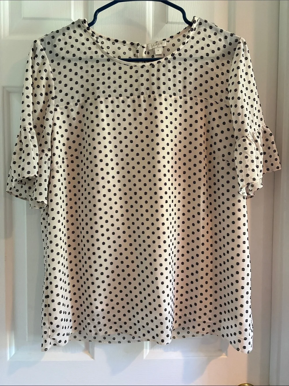 J. Crew Cream Blouse with Black Polka Dots and Ruffle Sleeves